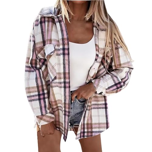 CCOOfhhc Hemdbluse Damen Oversize Herbst Locker Plaid Elegant Cordhemd Freizeithemd Leicht Boyfriend Kariert Tunika Tops Blusen Langarm Plaid Oversized Hemdjacke Hemd von CCOOfhhc