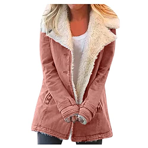 CCOOfhhc Jeansjacke Damen Lang Plüschjacke Oversize Gefüttert Wintermantel Große Größen Winterjacke Mantel Cardigan Jacke Einfarbige Warm Coat Fleecejacke Coat Plüschknopf Revers Jacke Outwear von CCOOfhhc