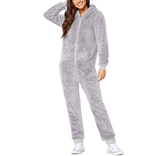CCOOfhhc Jumpsuit Damen Kuschelig Teddy Fleece Flauschiger Jumpsuits Warmer Plüsch Einteiler Onesie Winter Freizeitanzug Overalls Weich Homewear Schlafanzug Mit Kapuze Playsuit Strampler von CCOOfhhc