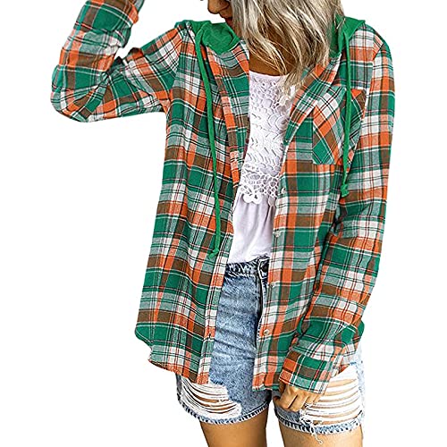 CCOOfhhc Karierte Hemdjacke Damen Kapuze Große Größen Freizeit Boyfriend Plaid HolzfäLlerjacke Blusen Outwear Locker Leicht Langarmshirt Longshirt Plaid Klassische Oversized Hemdjacke Tunika Tops von CCOOfhhc