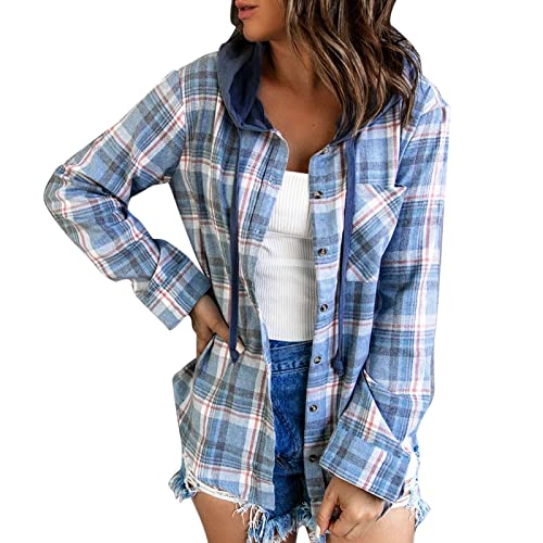 CCOOfhhc Karierte Hemdjacke Damen Kapuze Große Größen Freizeit Boyfriend Plaid HolzfäLlerjacke Blusen Outwear Locker Leicht Langarmshirt Longshirt Plaid Klassische Oversized Hemdjacke Tunika Tops von CCOOfhhc