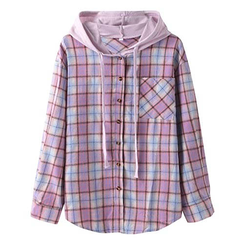 CCOOfhhc Karierte Hemdjacke Damen Mit Kapuze Button-down Locker Plaid Klassische Hemd Flanell Jacke Freizeit Langarm Kariert Oberteil Hemdjacke Plaid Boyfriend Oversized Freizeithemd Hemdbluse von CCOOfhhc