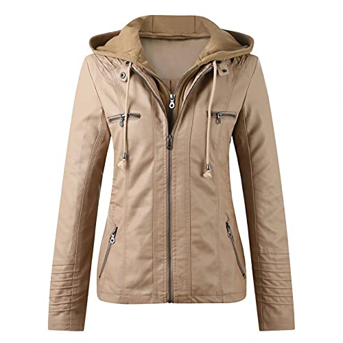 CCOOfhhc Lederjacke Mit Kapuze Damen Herbst Winter Motorrad Jacke Bomberjacke Bikerjacke mit Reißverschluss Abnehmbare Kapuzen Übergangsjacke Kunstleder Jacken Große Größen von CCOOfhhc