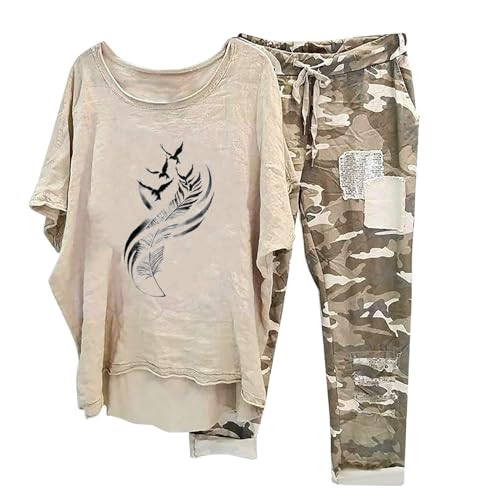 CCOOfhhc Leinen Outfits Damen Leicht Baumwolle Hosen Mit Weitem Bein Dünne Hausanzug Blumen Hosenanzug Elegant Sommer Jogginganzug Tracksuit Sportanzug Lockere Rundhals von CCOOfhhc