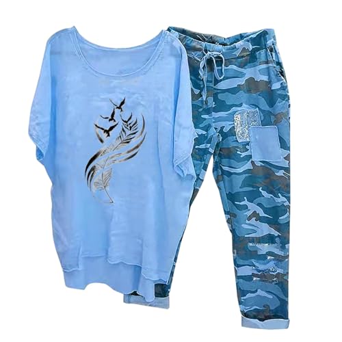 CCOOfhhc Leinen Outfits Damen Leicht Baumwolle Hosen Mit Weitem Bein Dünne Hausanzug Blumen Hosenanzug Elegant Sommer Jogginganzug Tracksuit Sportanzug Lockere Rundhals von CCOOfhhc