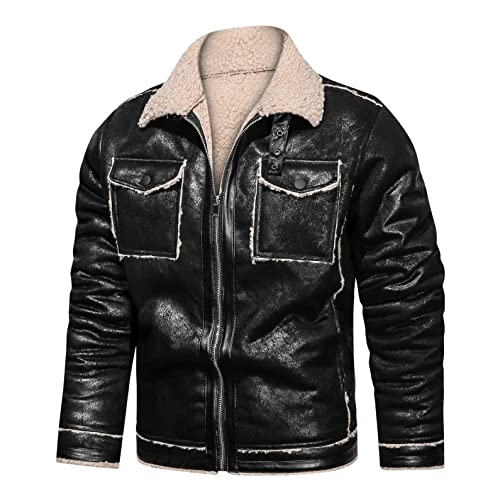 CCOOfhhc Pilotenjacke Herren Leder Mit Faux Fell Pelz Winter Warnjacke Arbeitsjacke Gefüttert Übergangs Jacken Herbst Bomberjacke Vintage Jacke Ohne Kapuze Braun Plüsch Kurz Cardigan Slim Fit Mäntel von CCOOfhhc