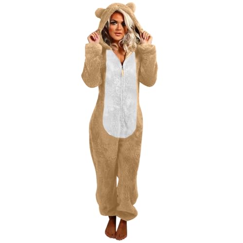 CCOOfhhc Schlafoveralls Damen Kuschelig Teddy Fleece Flauschig Jumpsuits Warm Plüsch Einteiler Onesie Winter Anzug Overall Elegant Loungewear Schlafoveralls Mit Kapuze Playsuit Strampler von CCOOfhhc
