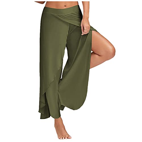 CCOOfhhc Sommer Freizeithosen Damen Hosen Lose Leichte Sporthose Yogahosen Pumphose Haremshose mit Schlitz Casaul Marlene Hose Elastisch Bund Einfarbig Weitem Bein Split Strandhose von CCOOfhhc