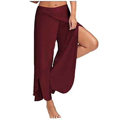 CCOOfhhc Sommer Freizeithosen Damen Hosen Lose Leichte Sporthose Yogahosen Pumphose Haremshose mit Schlitz Casaul Marlene Hose Elastisch Bund Einfarbig Weitem Bein Split Strandhose von CCOOfhhc