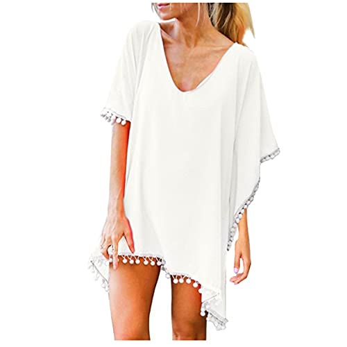 CCOOfhhc Strandurlaub V-Ausschnitt Kaftan Quaste Sommerkleid Kimono Damen Lang Strand Freizeit Strandponcho XXL Cover Up Strandkleid Sommer Knielang Boho Locker Poncho Coverups Bademode Longshirt von CCOOfhhc