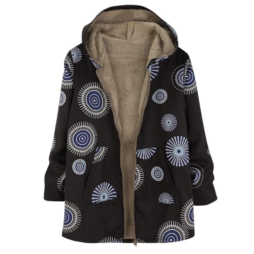 CCOOfhhc Vintage Parka Jacke Damen Boho Bunt Mantel mit Innenfleece Winterjacke Damen Warm Lang Bunt Hippie Blumendruck Übergangsjacke mit Reißverschluss Fleece Kapuzenjacke Große Größen von CCOOfhhc