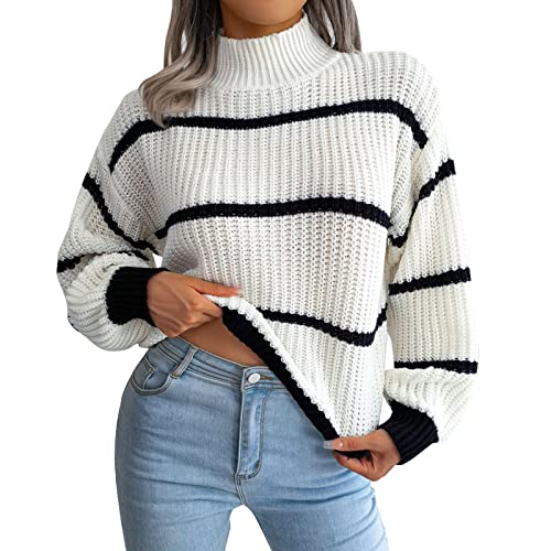 CCOOfhhc WeißEr Rollkragenpullover Strick Damen,Freizeit Cable Knit Pulli Grobstrickpullover Warmer Langarmshirt Langarm Stehkragen Sweatshirts Strickpulli Damen Oversize Herbst Ballon Weich Pullover von CCOOfhhc