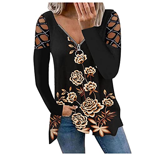 Damen Blusen Reißverschluss V-Ausschnitt T-Shirt Tops Elegante Langarm Oberteil Shirt Tunika Bluse Tuniken Langarmshirt Blumendruck Lose Shirt Top Große Größen Lässige Blusentops von CCOOfhhc