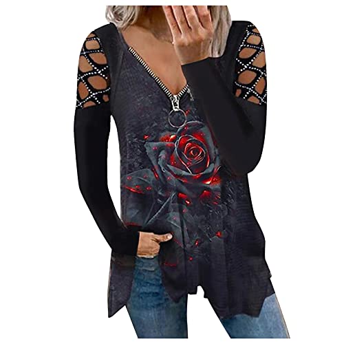 Damen Blusen Reißverschluss V-Ausschnitt T-Shirt Tops Elegante Langarm Oberteil Shirt Tunika Bluse Tuniken Langarmshirt Blumendruck Lose Shirt Top Große Größen Lässige Blusentops von CCOOfhhc