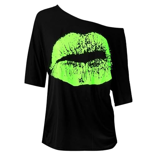 Damen Casual Sternchen Lippen drucken One-Shoulder T-Shirt Oversize 80er Pullover Tops 90er Jahre Shirt Retro Batik Langarmshirt Große Größen von CCOOfhhc
