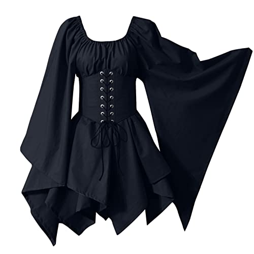 Damen Mittelalter Kleid, Renaissance Elfen Kostüm mit Elfenohren Gothic Retro Kleid mit Trompetenärmel Oberteile Elegant Abendkleid Plus Größe Halloween von CCOOfhhc