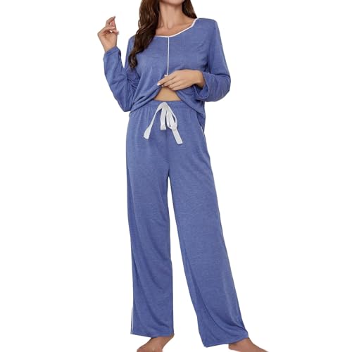Damen Pyjama Baumwolle Winter, Lässig Baumwolle Weich Lang Sleepwear Hausanzug Schlafhose Soft Rundhals Raglanärmel Zweiteiliger Freizeitanzug Pjs Sets Locker Oberteile Langarm Homewear Loungewear von CCOOfhhc
