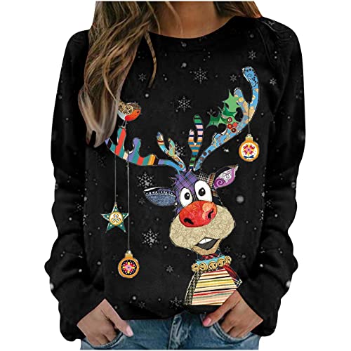 Damen Weihnachtspullover Elegant Lustig Elch Gedruckt Langarm Rundhalsausschnitt Weihnachtspulli Ugly Christmas Sweater 3D Druck Teenager Mädchen Christmas Sweatshirt von CCOOfhhc