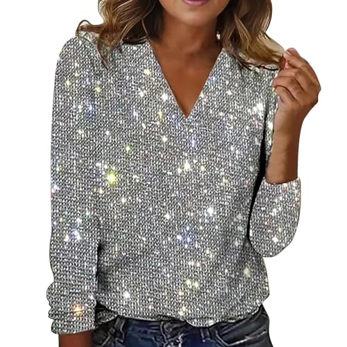 Glitzer Oberteile Damen, Pailletten Glitzer Outfit Top Pullover Silvester Oberteil Bluse Festlich Shirt Elegant Langarm Party Pulli Glitzerbluse für Frauen Glitzershirt Tunika von CCOOfhhc