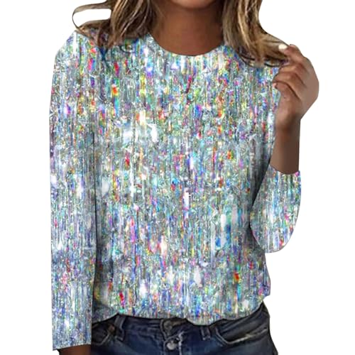 Glitzer Oberteile Damen, Pailletten Glitzer Outfit Top Pullover Silvester Oberteil Bluse Festlich Shirt Elegant Langarm Party Pulli Glitzerbluse für Frauen Glitzershirt Tunika von CCOOfhhc