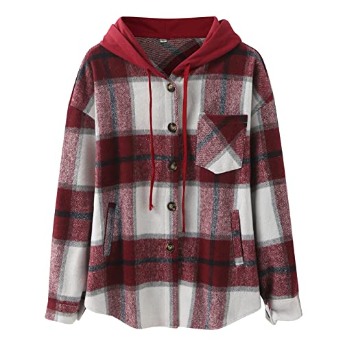Hemd Damen Kariert Oversized Klassische Freizeit Shacket Flanell Jacke Mit Kapuze Cordhemd Longshirt Langarm Plaid Mantel Hemdbluse Langarmshirt Große Größen Outwear Boyfriend Blusen Tunika Tops von CCOOfhhc