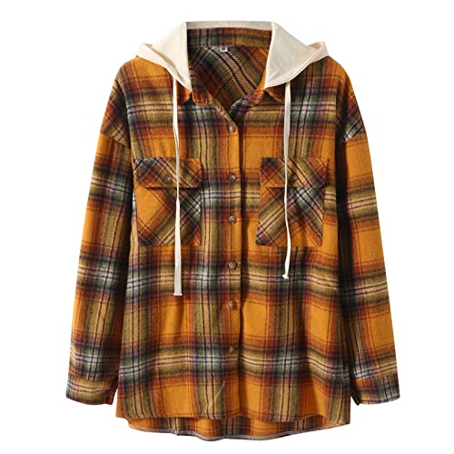 Hemd Damen Kariert Oversized Klassische Freizeit Shacket Flanell Jacke Mit Kapuze Cordhemd Longshirt Langarm Plaid Mantel Hemdbluse Langarmshirt Große Größen Outwear Boyfriend Blusen Tunika Tops von CCOOfhhc