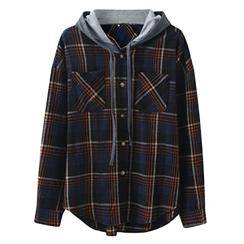 Hemd Damen Kariert Oversized Klassische Freizeit Shacket Flanell Jacke Mit Kapuze Cordhemd Longshirt Langarm Plaid Mantel Hemdbluse Langarmshirt Große Größen Outwear Boyfriend Blusen Tunika Tops von CCOOfhhc