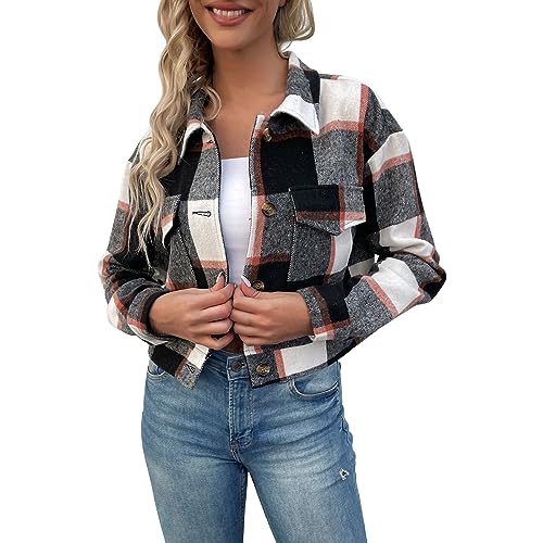 Hemdjacke Damen Kurz Karierte Bluse Karohemd Langarmshirt Casual Vintage Kurzjacke Boyfriend Hemd Oberteile Button Down Hemdbluse Plaid Shirt Top von CCOOfhhc