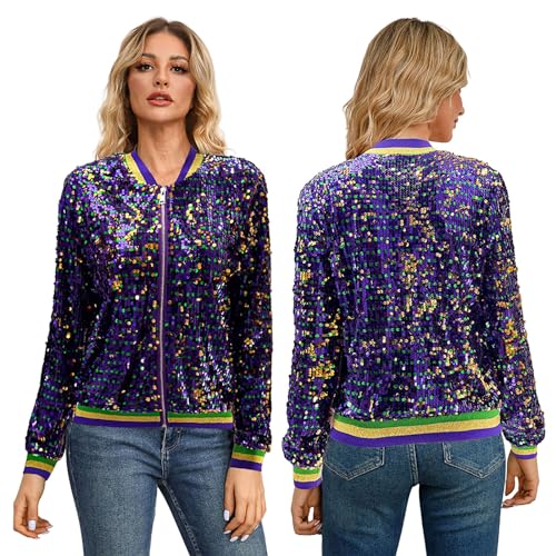 Jacke Damen Pailletten Gold Damen Metallic Bikerjacke Blazer mit Glitzer Langarm Bomberjacke Langarm Party Club Offen Glitzer Cardigan Metallic Jacket Reißverschluss Fliegenjacke von CCOOfhhc