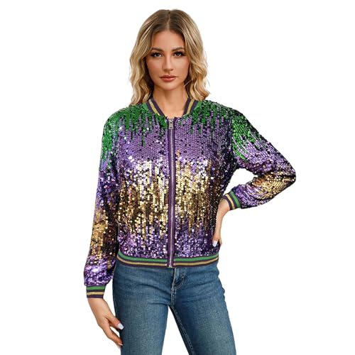 Jacke Damen Pailletten Gold Damen Metallic Bikerjacke Blazer mit Glitzer Langarm Bomberjacke Langarm Party Club Offen Glitzer Cardigan Metallic Jacket Reißverschluss Fliegenjacke von CCOOfhhc
