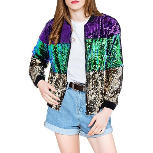 Jacke Damen Pailletten Gold Damen Metallic Bikerjacke Blazer mit Glitzer Langarm Bomberjacke Langarm Party Club Offen Glitzer Cardigan Metallic Jacket Reißverschluss Fliegenjacke von CCOOfhhc