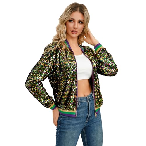 Jacke Damen Pailletten Gold Damen Metallic Bikerjacke Blazer mit Glitzer Langarm Bomberjacke Langarm Party Club Offen Glitzer Cardigan Metallic Jacket Reißverschluss Fliegenjacke von CCOOfhhc