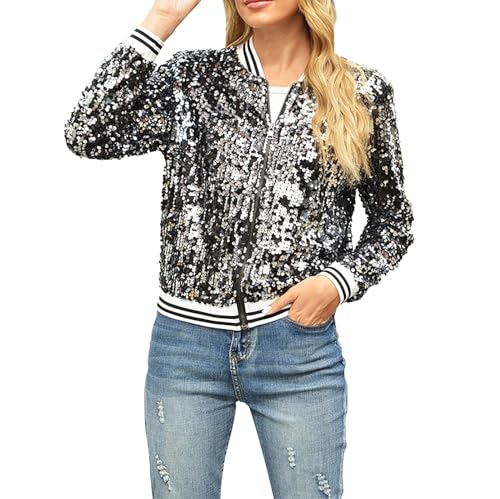 Jacke Damen Pailletten Gold Damen Metallic Bikerjacke Blazer mit Glitzer Langarm Bomberjacke Langarm Party Club Offen Glitzer Cardigan Metallic Jacket Reißverschluss Fliegenjacke von CCOOfhhc