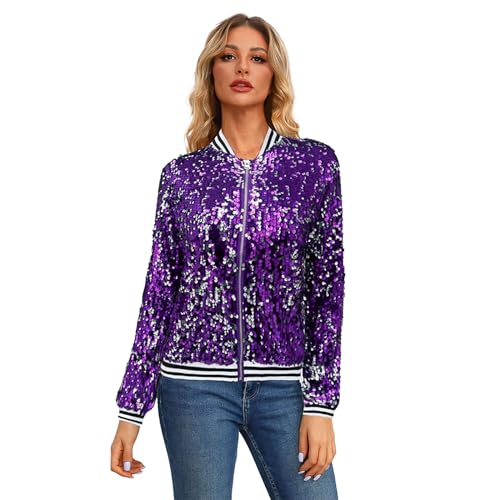 Jacke Damen Pailletten Gold Damen Metallic Bikerjacke Blazer mit Glitzer Langarm Bomberjacke Langarm Party Club Offen Glitzer Cardigan Metallic Jacket Reißverschluss Fliegenjacke von CCOOfhhc