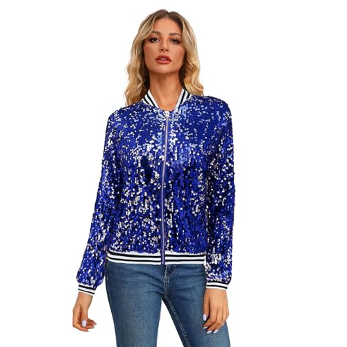 Jacke Damen Pailletten Gold Damen Metallic Bikerjacke Blazer mit Glitzer Langarm Bomberjacke Langarm Party Club Offen Glitzer Cardigan Metallic Jacket Reißverschluss Fliegenjacke von CCOOfhhc