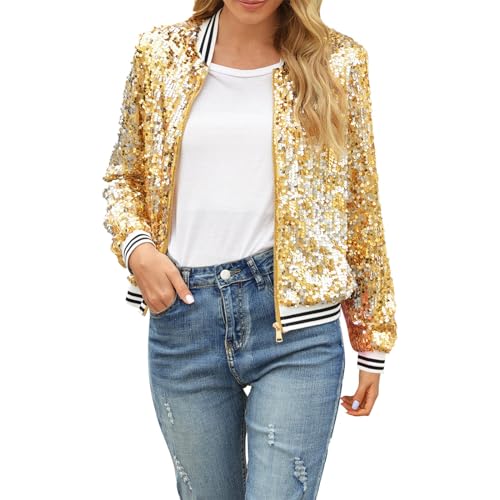 Jacke Damen Pailletten Gold Damen Metallic Bikerjacke Blazer mit Glitzer Langarm Bomberjacke Langarm Party Club Offen Glitzer Cardigan Metallic Jacket Reißverschluss Fliegenjacke von CCOOfhhc