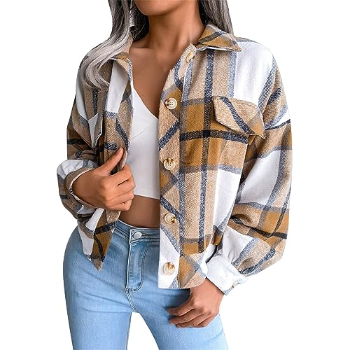 Kurze Jacke Kariert Damen Große Größen Langarm Locker Flanell Frühling Karriert Hemd Langarmshirt Shacket Mäntel Plaid mit Knöpfen Casual Hemdjacke Elegant Karierter Hemdmantel Freizeit Holzfällerhemd von CCOOfhhc