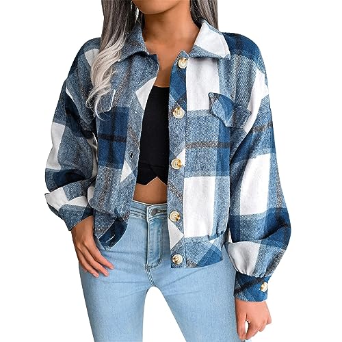 Kurze Jacke Kariert Damen Große Größen Langarm Locker Flanell Frühling Karriert Hemd Langarmshirt Shacket Mäntel Plaid mit Knöpfen Casual Hemdjacke Elegant Karierter Hemdmantel Freizeit Holzfällerhemd von CCOOfhhc