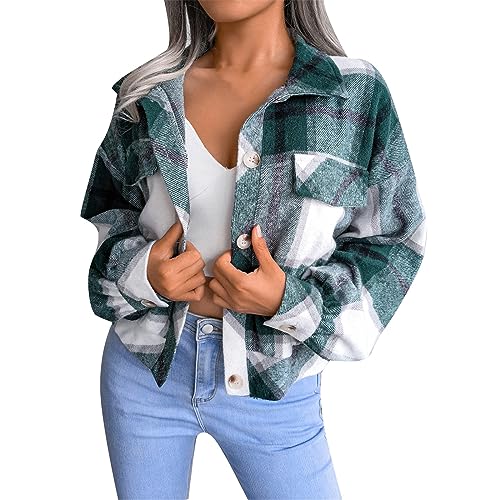 Kurze Jacke Kariert Damen Große Größen Langarm Locker Flanell Frühling Karriert Hemd Langarmshirt Shacket Mäntel Plaid mit Knöpfen Casual Hemdjacke Elegant Karierter Hemdmantel Freizeit Holzfällerhemd von CCOOfhhc