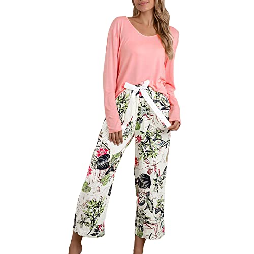Langer Schlafanzug Damen GroßE GrößEn, Schlafhose Soft Rundhals Raglanärmel Schlafanzug-Set Zweiteiliger Pjs Sets Locker Oberteile Langarm Pyjama Set Homewear Winter Elastischer Bund Schlafanzüge von CCOOfhhc