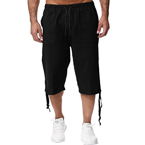 Leinen Shorts Herren Kurze 3/4 Leinenhose Casual Cargohose Freizeit Baggy Loose Fit Strand Weit Hosen Training Sommer Sport Gummizug Mit Taschen Sommerhose von CCOOfhhc