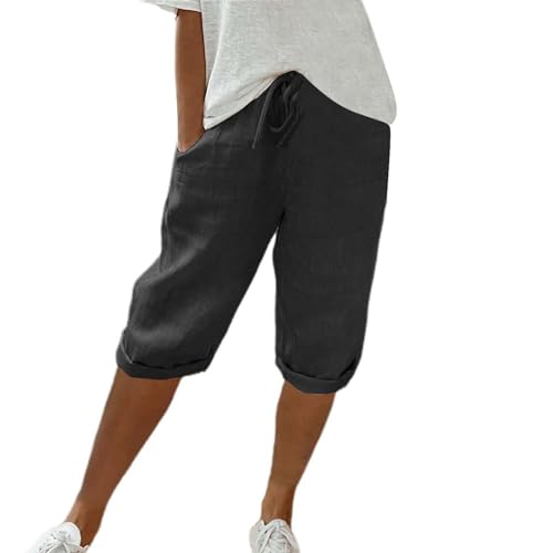 Leinenhose Damen Kurz Sommer Einfarbig Knielang Kurze Hosen Leicht Und Luftig Leinenhose Locker Strandhose Mit Kordelzug Casual Pants Hohe Taille Caprihose Stoffhose Bequeme Freizeithose Sommerhose von CCOOfhhc