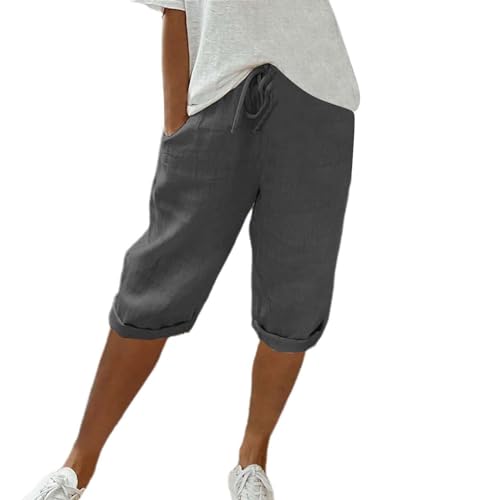 Leinenhose Damen Kurz Sommer Einfarbig Knielang Kurze Hosen Leicht Und Luftig Leinenhose Locker Strandhose Mit Kordelzug Casual Pants Hohe Taille Caprihose Stoffhose Bequeme Freizeithose Sommerhose von CCOOfhhc