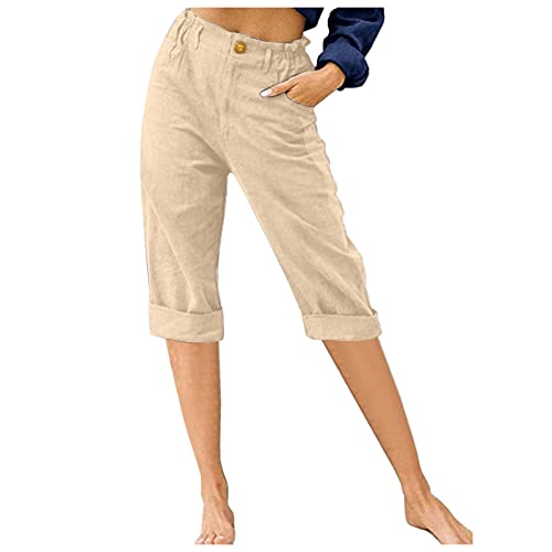 Leinenhose Damen Sommer Capri Sommerhose Damen Leicht 7/8 Stoffhose Damen Elegant Stretch-Hosen Einfarbig Jogginghose Locker Yogahose Mit Gummizug Caprihose Strandhosen Haremshosen Freizeithose von CCOOfhhc