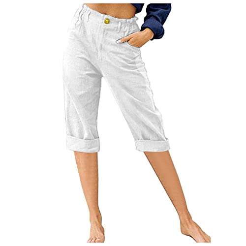 Leinenhose Damen Sommer Capri Sommerhose Damen Leicht 7/8 Stoffhose Damen Elegant Stretch-Hosen Einfarbig Jogginghose Locker Yogahose Mit Gummizug Caprihose Strandhosen Haremshosen Freizeithose von CCOOfhhc