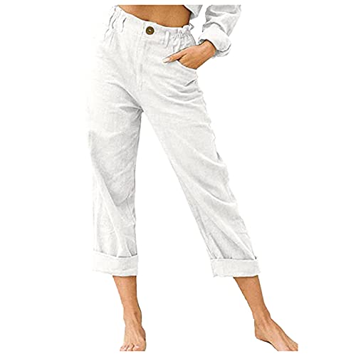 Leinenhose Damen Sommer Capri Sommerhose Damen Leicht 7/8 Stoffhose Damen Elegant Stretch-Hosen Einfarbig Jogginghose Locker Yogahose Mit Gummizug Caprihose Strandhosen Haremshosen Freizeithose von CCOOfhhc