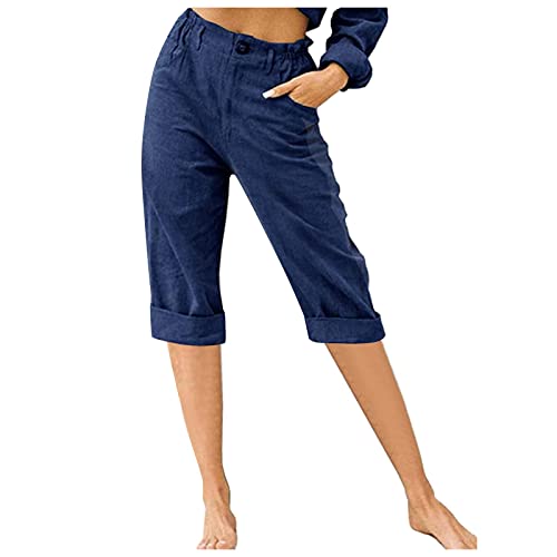 Leinenhose Damen Sommer Capri Sommerhose Damen Leicht 7/8 Stoffhose Damen Elegant Stretch-Hosen Einfarbig Jogginghose Locker Yogahose Mit Gummizug Caprihose Strandhosen Haremshosen Freizeithose von CCOOfhhc