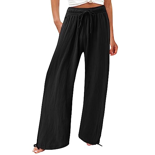 Leinenhose Damen Sommer Leinen Hosen Casual Baumwolle Elastischem Bund Freizeithose Sommerhose Große Größen Loose Fit Musselin Strand Yogahose Elegant Luftig Weites Bein Joggerhosen Retro Lang Hose von CCOOfhhc
