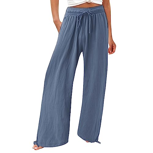 Leinenhose Lang Weites Bein Damen für Frauen Loose Fit Elastischem Bund Musselin Strandhose Yogahose Strand Einfarbig Luftig Hohe Taille Elegant Retro Leinen Joggerhosen Große Größen Sommerhose von CCOOfhhc