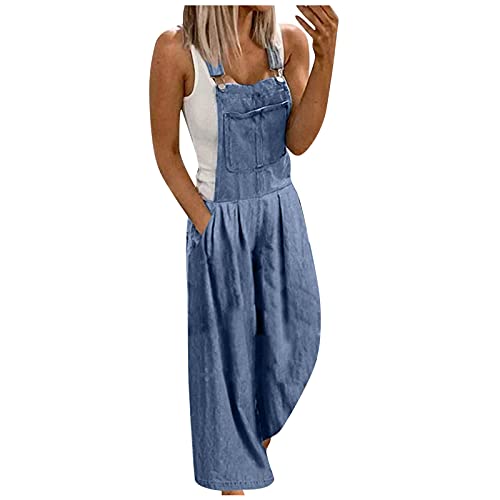 Lockerer Jumpsuit Damen Jeanslatzhose Einfarbig Knöpfen Verstellbare Träger Lose Latzhose mit Taschen Baggy Leinen Overall Retro Oversize Loose Casual Baumwolle Wide Leg Hosen Große Größe Romper von CCOOfhhc